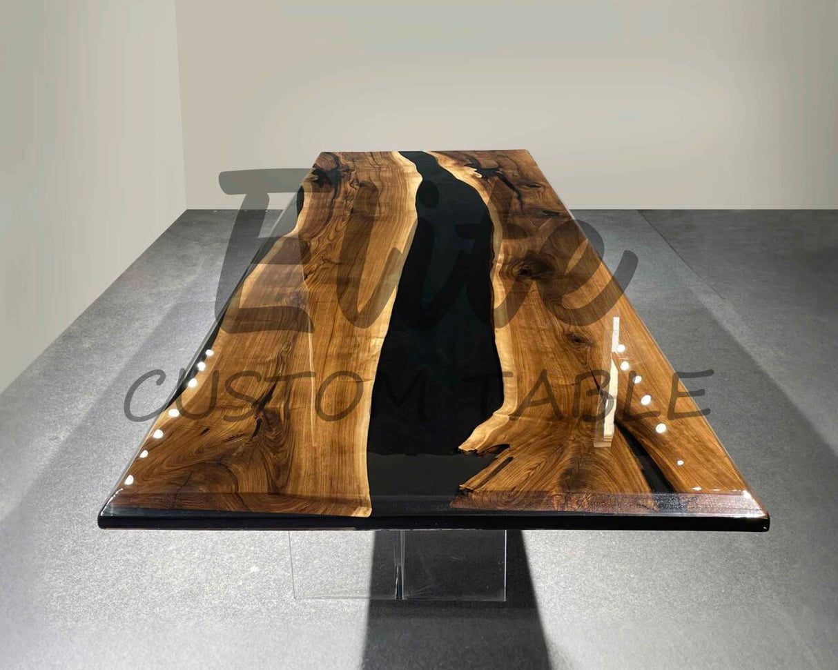 Elite Custom Retangular Black Walnut Wood Black Epoxy Dining & Conference Table ECT-01