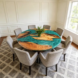 Elite Olive Wood & Emerald - Green Epoxy River Landscape Round Table ECT-44