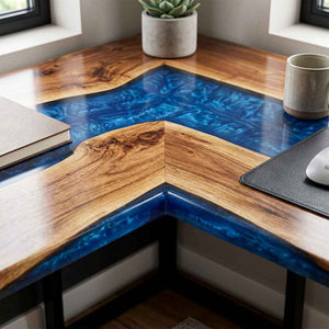 Custom Ocean Epoxy Resin L-Shaped Desk – 100% Solid Walnut | ECT-330