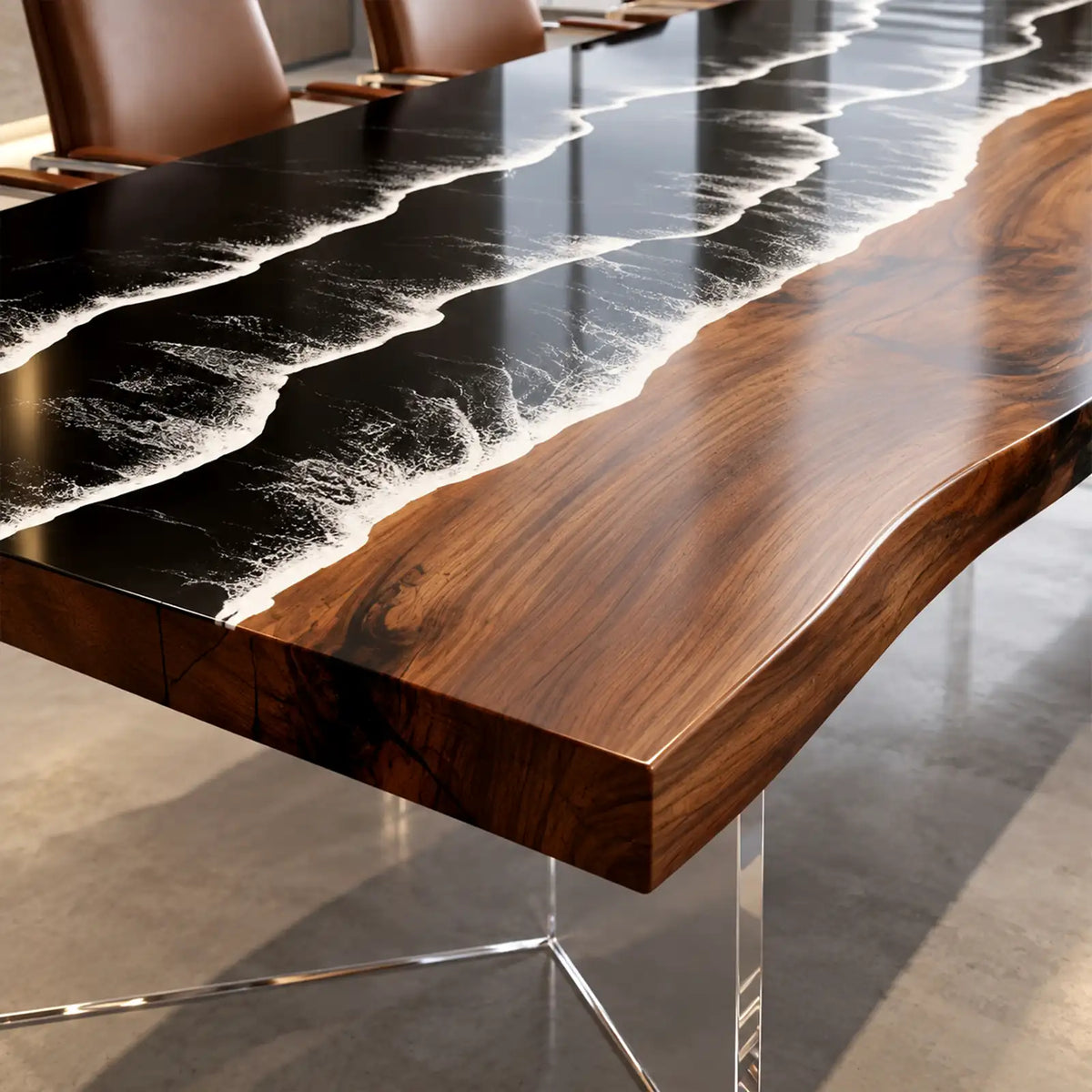 Custom Black Walnut Black Ocean Wave Epoxy Conference Table | ECT-424