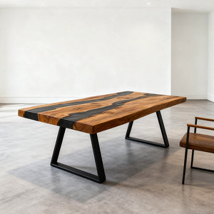 Elite Olive Wood Black Epoxy Rectangular Resin Dining Table – Natural Grain River Table ECT-264