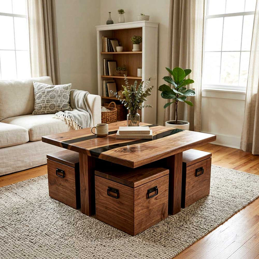 Custom Walnut Coffee Table with Black Epoxy Resin Inlay | ECT-350