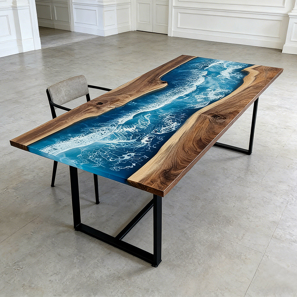 Elite Walnut Blue Epoxy River Rectangular Resin Dining Table – Modern Handmade Design ECT-271