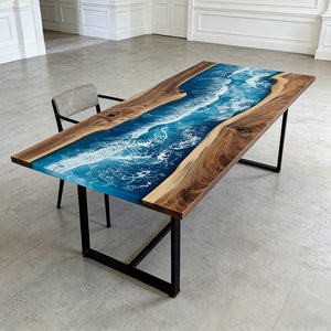 Elite Walnut Blue Epoxy River Rectangular Resin Dining Table – Modern Handmade Design ECT-271