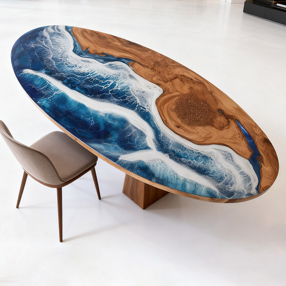 Elite Oval Olive Wood Dining Table with Vivid Ocean - Wave Resin Inlay ECT-244