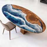 Elite Oval Olive Wood Dining Table with Vivid Ocean - Wave Resin Inlay ECT-244