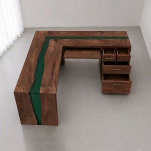 Black Walnut Green Epoxy L-Shaped Executive Office Desk with Storage | ECT-372