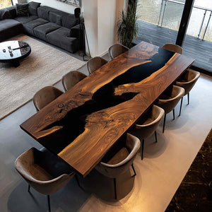 Elite Straight - Edge Black Walnut Dining Table with Deep Black Resin Inlay ECT-239