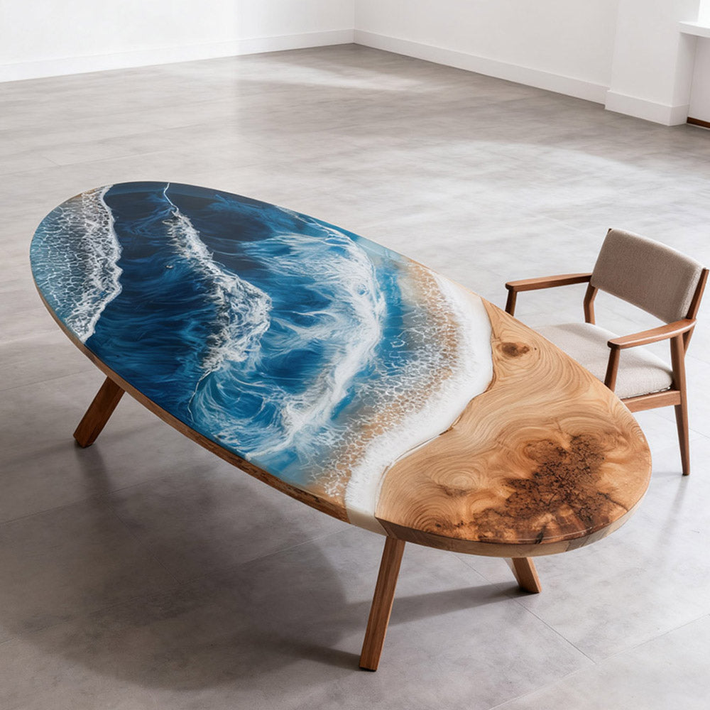 Elite Oval Olive Wood Dining Table with Dynamic Ocean - Wave Resin Inlay ECT-245