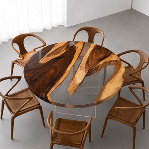 Custom Round Walnut Dining Table with Crystal Clear Epoxy Resin | ECT-323