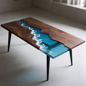 Elite Straight - Edge Black Walnut Dining Table with Ocean - Style Blue Resin Inlay ECT-238