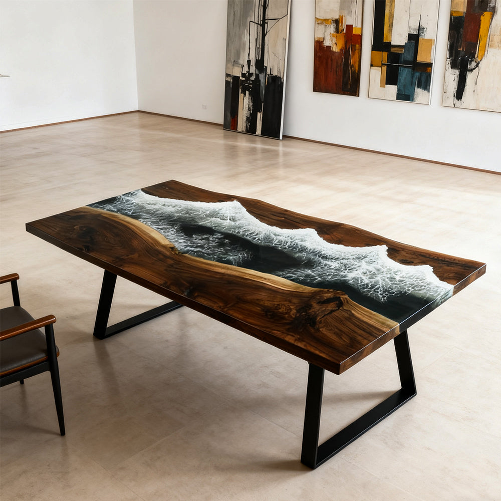 Elite Walnut Deep Green Epoxy Rectangular Resin Dining Table – Ocean-Inspired Design ECT-263