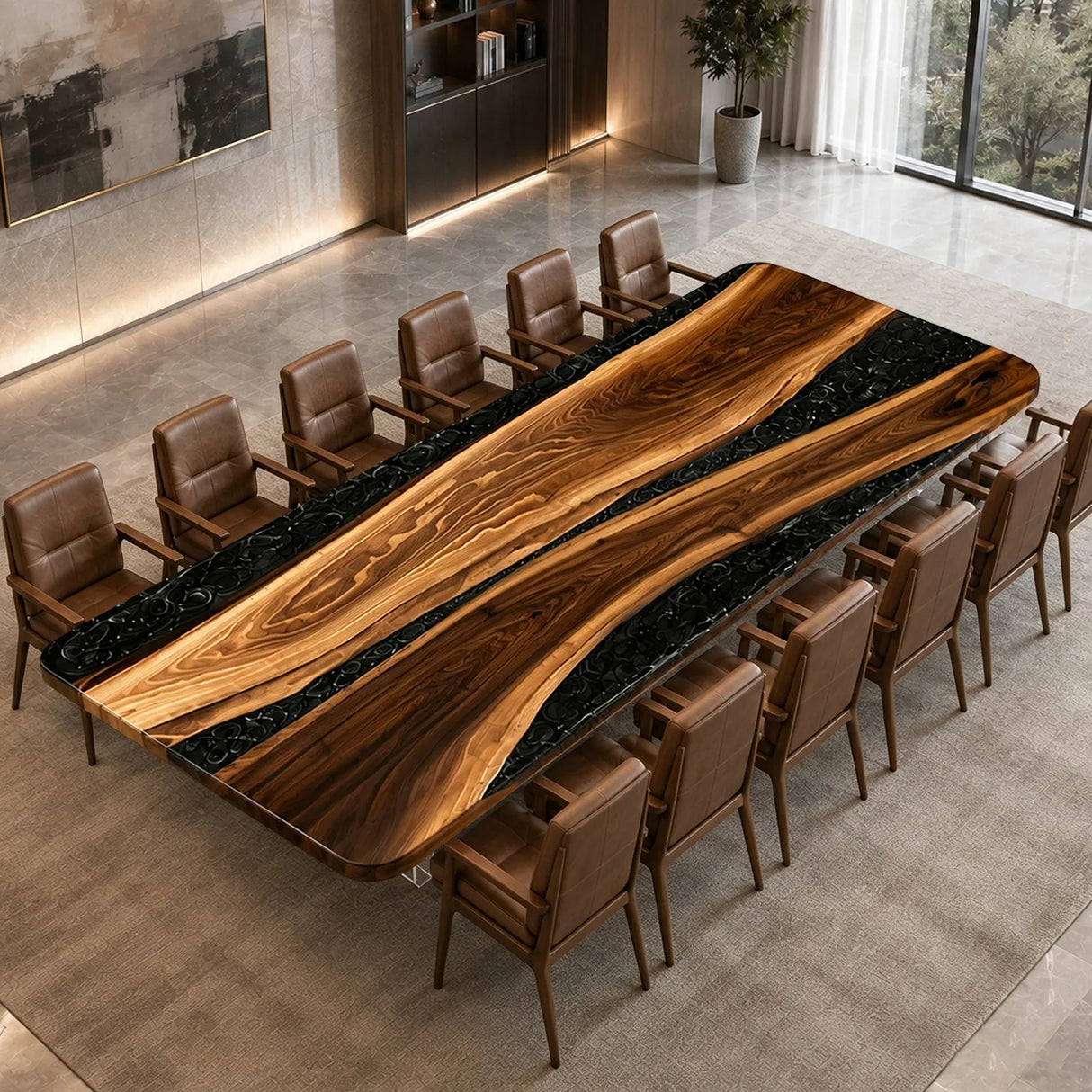Custom Straight Edge Walnut Black Epoxy Resin Conference Table | ECT-400