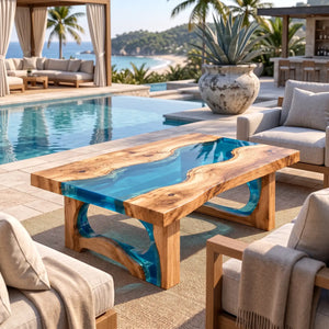 Custom Olive Blue Epoxy Resin Patio Coffee Table | ECT-417