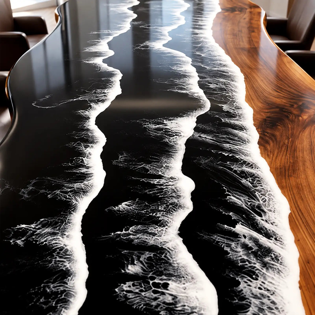 Custom Black Walnut Black Ocean Wave Epoxy Conference Table | ECT-424