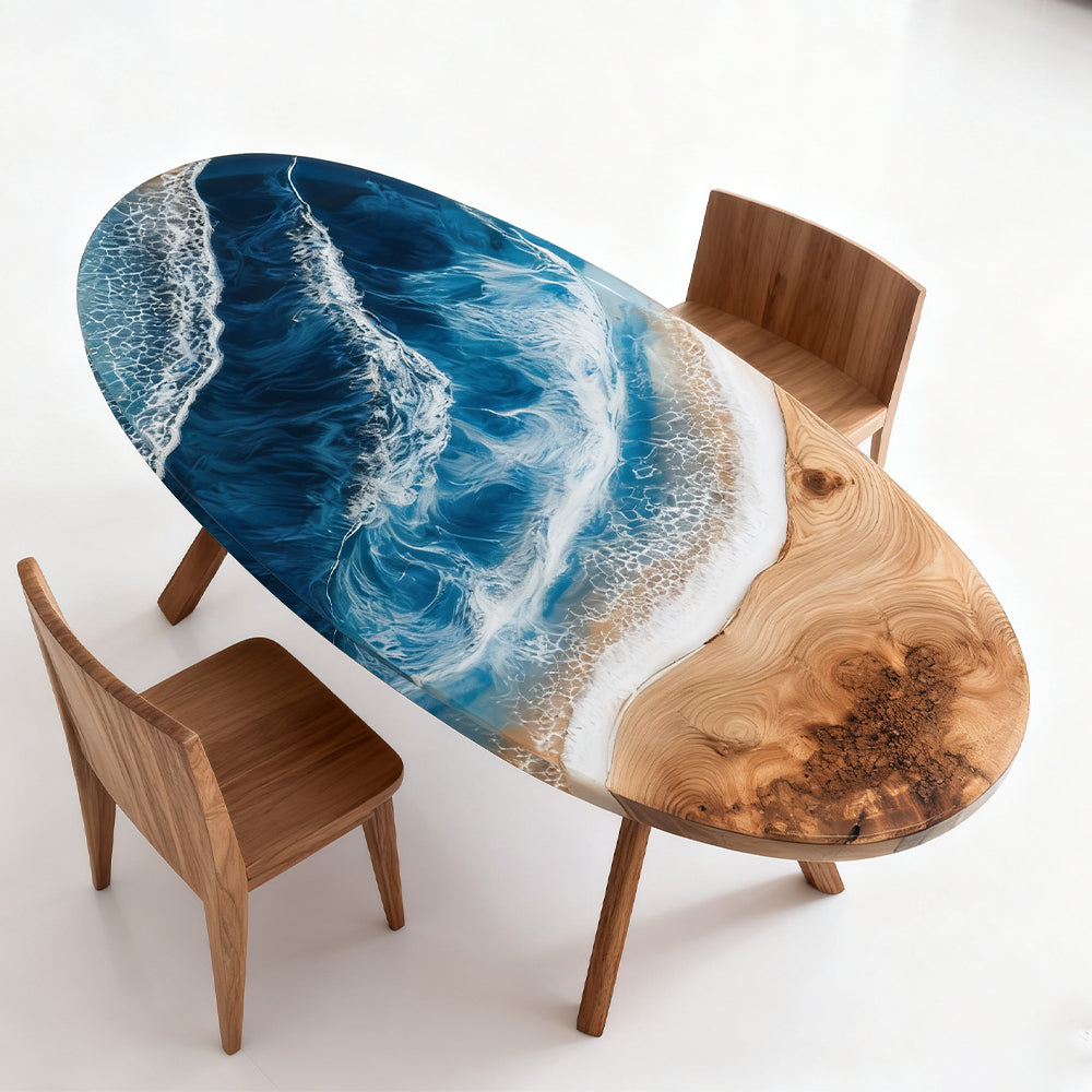 Elite Oval Olive Wood Dining Table with Dynamic Ocean - Wave Resin Inlay ECT-245