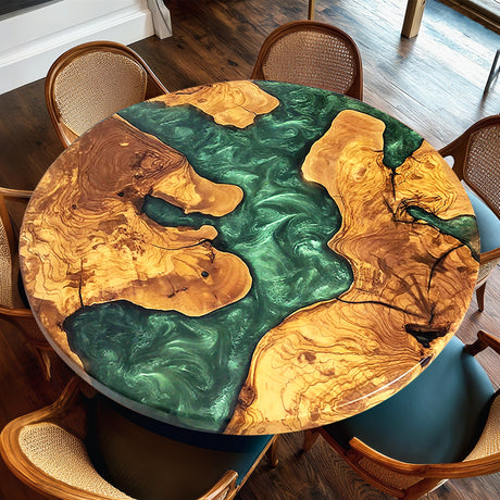Elite Olive Wood & Emerald - Green Epoxy River Landscape Round Table ECT-44