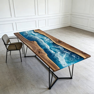 Elite Walnut Blue Epoxy River Rectangular Resin Dining Table – Modern Handmade Design ECT-271