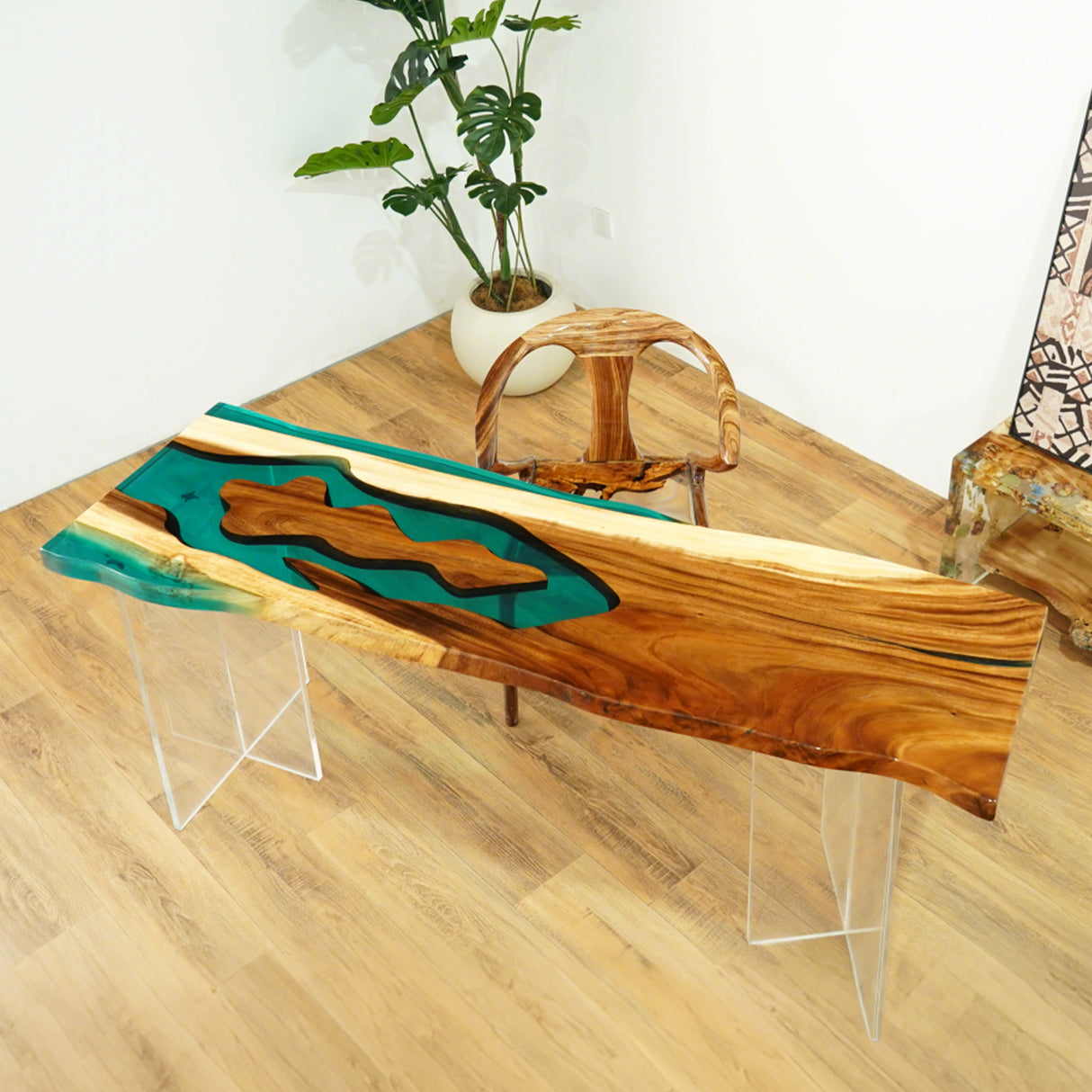 Elite Walnut Wood with Transparent Lake Green Epoxy Resin Dining Table ECT-177