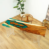 Elite Walnut Wood with Transparent Lake Green Epoxy Resin Dining Table ECT-177