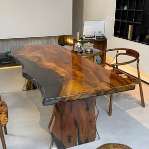 Elite Live Edge Golden Camphor Black Epoxy Resin Dining Table 38.58"Wx89.37"L, EIT-37