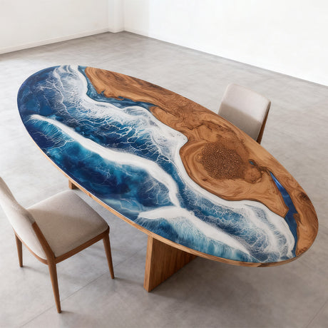 Elite Oval Olive Wood Dining Table with Vivid Ocean - Wave Resin Inlay ECT-244