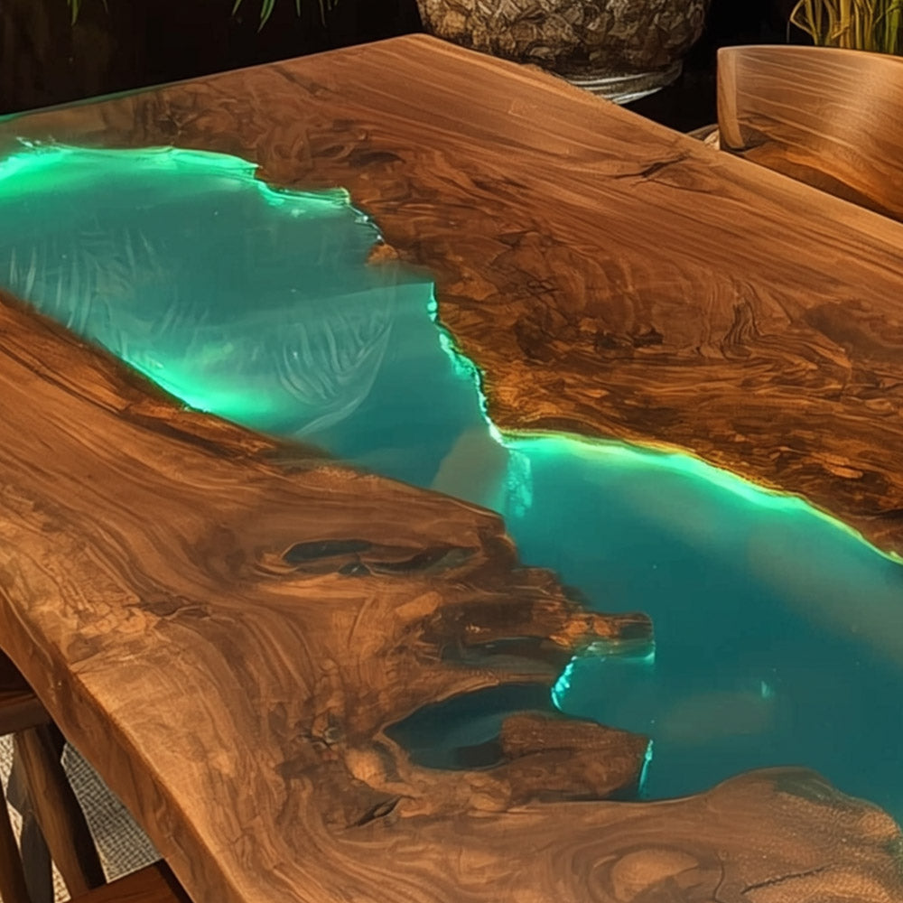Elite Straight - Edge Black Walnut Dining Table with Glowing Teal Resin Inlay ECT-237