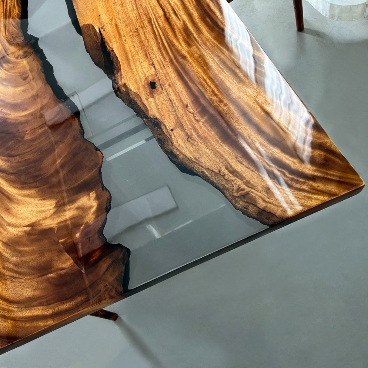 Elite Walnut Wood with Transparent Black - Gray Epoxy Resin Dining Table ECT-163