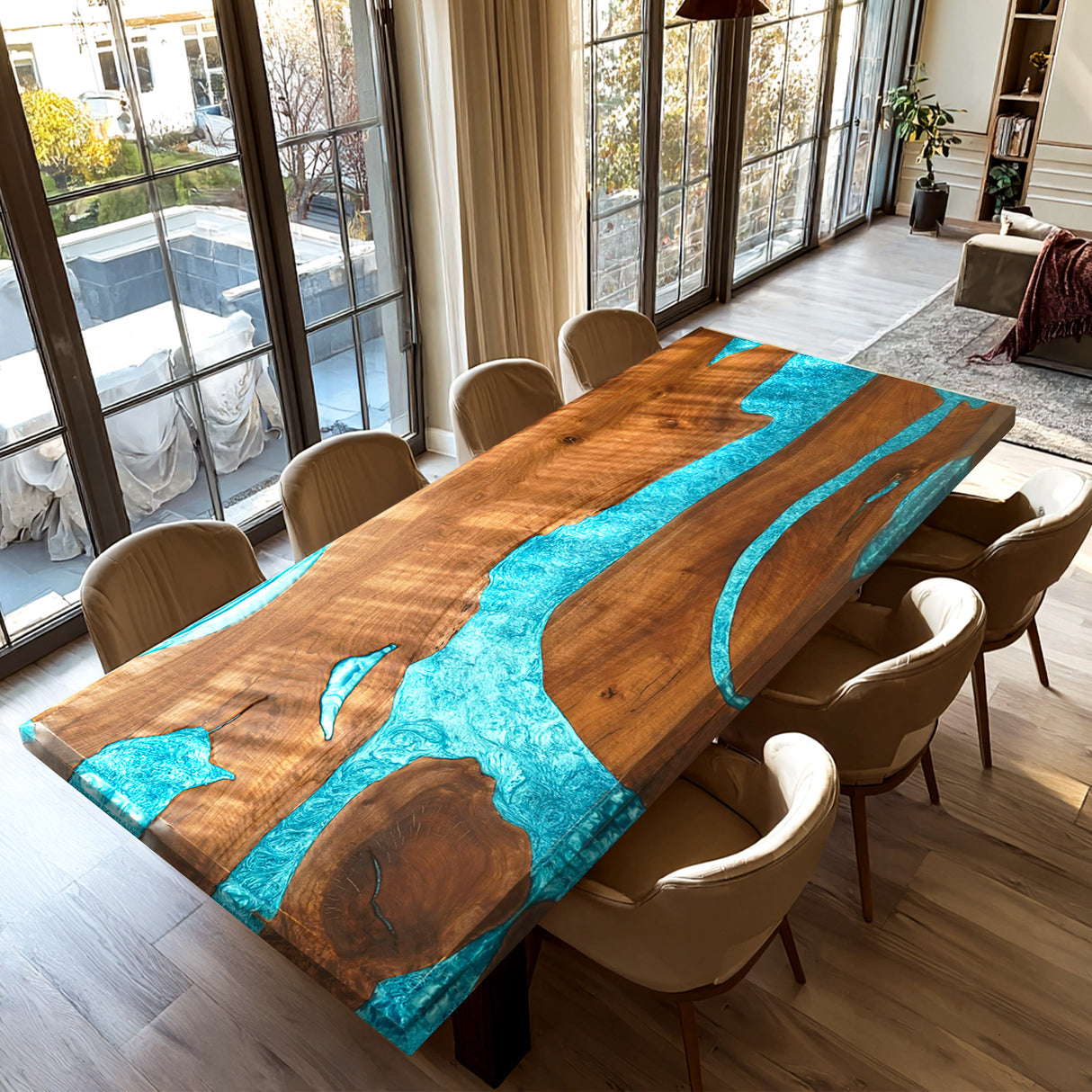 Elite Black Walnut Dining Table with Glazed Blue Epoxy Resin ECT-79