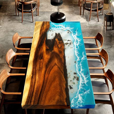 Elite Walnut Wood with Blue Seaside & Wave Epoxy Resin Dining Table ECT-196