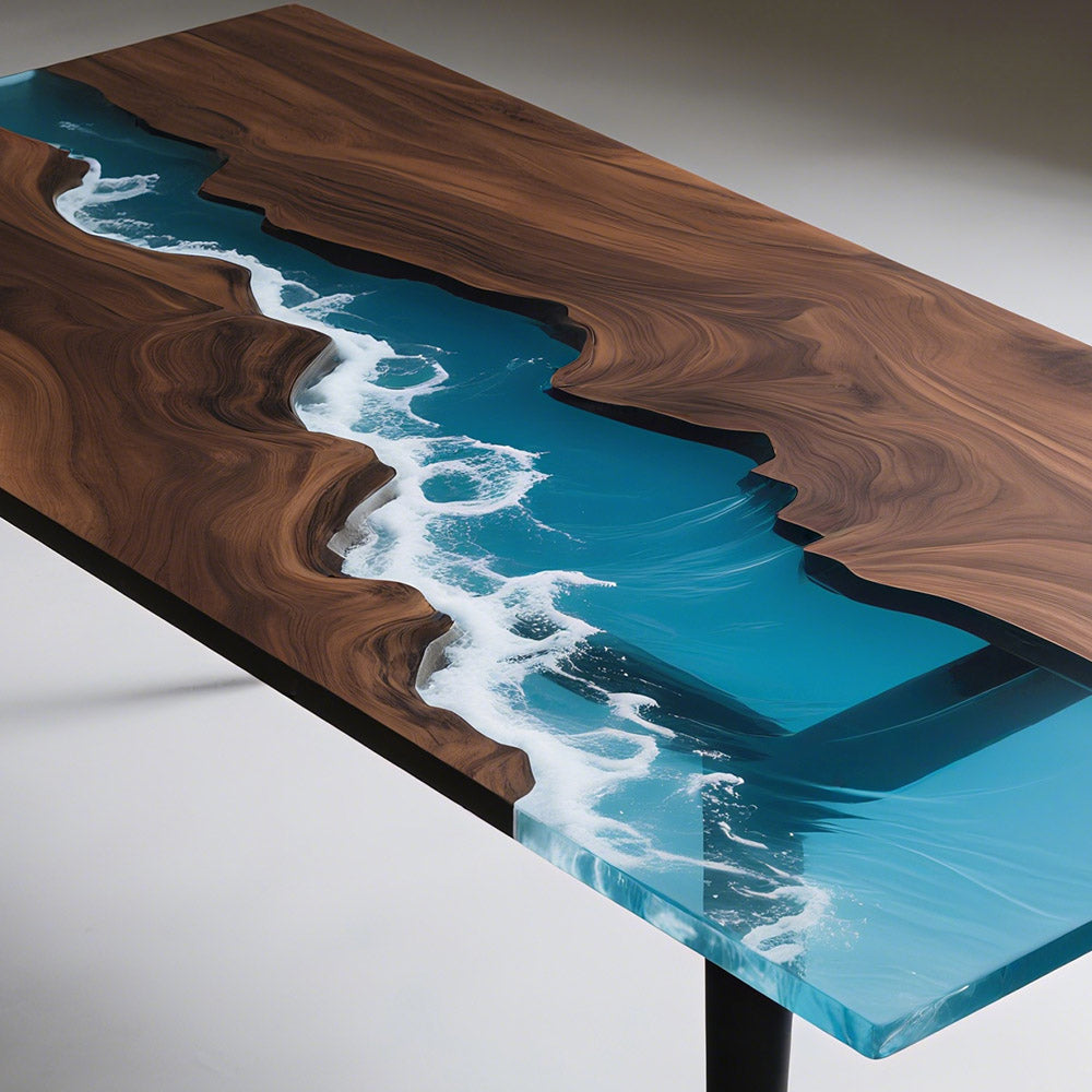 Elite Straight - Edge Black Walnut Dining Table with Ocean - Style Blue Resin Inlay ECT-238
