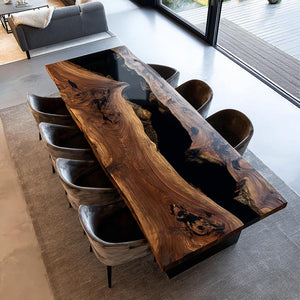 Elite Straight - Edge Black Walnut Dining Table with Deep Black Resin Inlay ECT-239