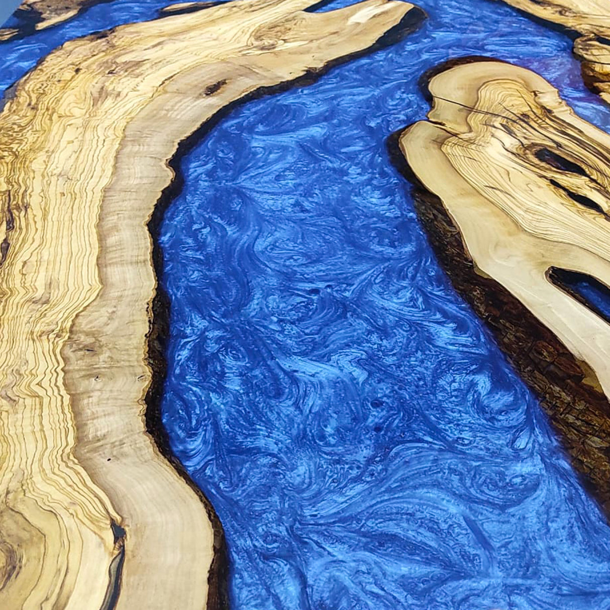 Elite Natural Straight - Edge Olive Wood with Blue River Epoxy Resin Dining Table ECT-216