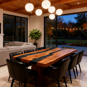 Elite Olive Wood Black Epoxy Rectangular Resin Dining Table – Natural Grain River Table ECT-264