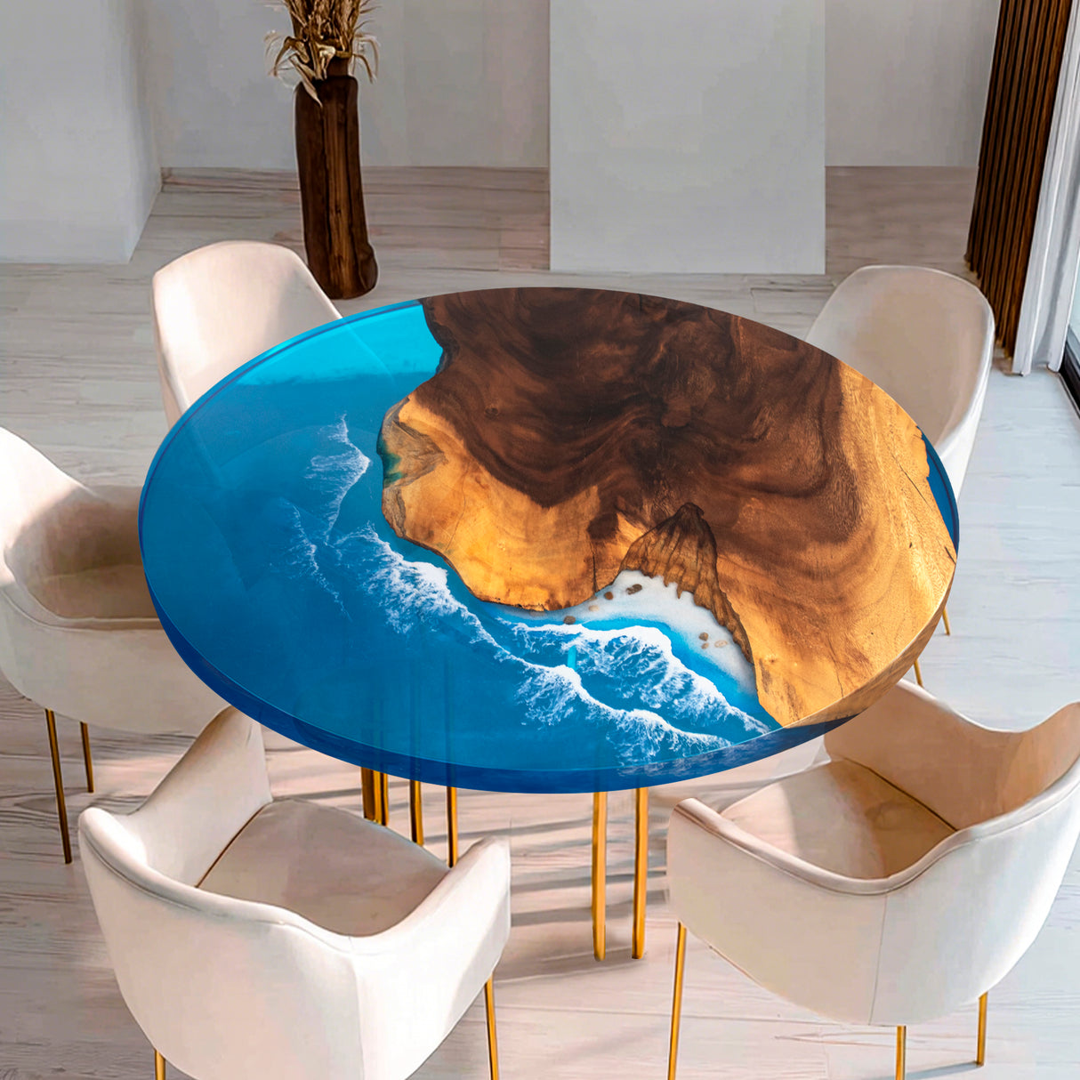 Elite Walnut Wood & Blue Ocean Wave Epoxy Round Table ECT-47
