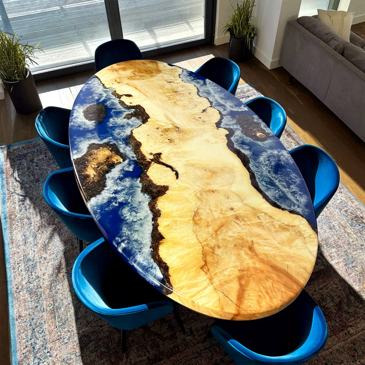 Elite Artistic Poplar Wood Oval Dining Table with Blue Resin Sea Inlay ECT-205
