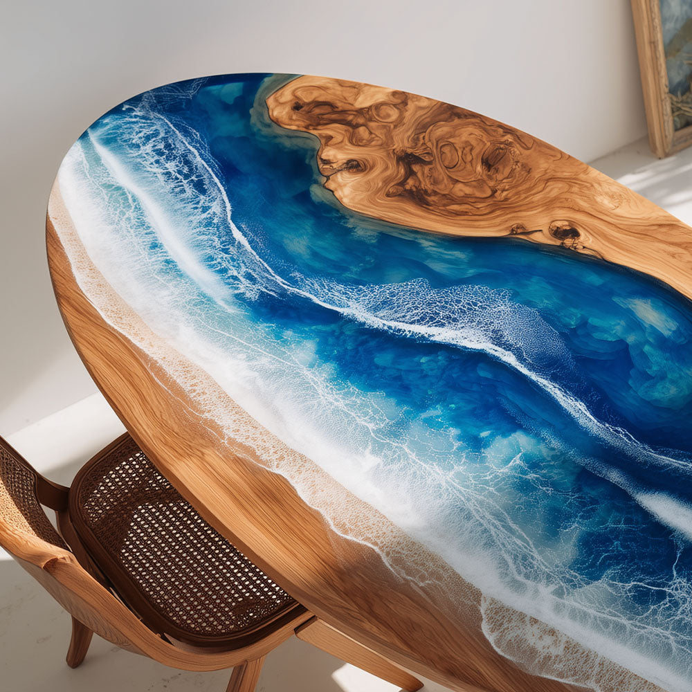 Elite Oval - Shaped Olive Wood Dining Table with Ocean - Inspired Blue Resin Inlay ECT-243