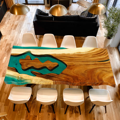 Elite Walnut Wood with Transparent Lake Green Epoxy Resin Dining Table ECT-177