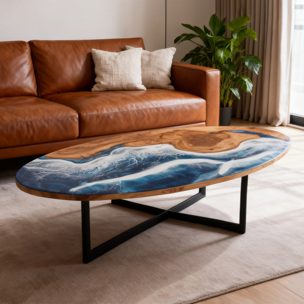 Elite Oval Olive Wood Dining Table with Vivid Ocean - Wave Resin Inlay ECT-244