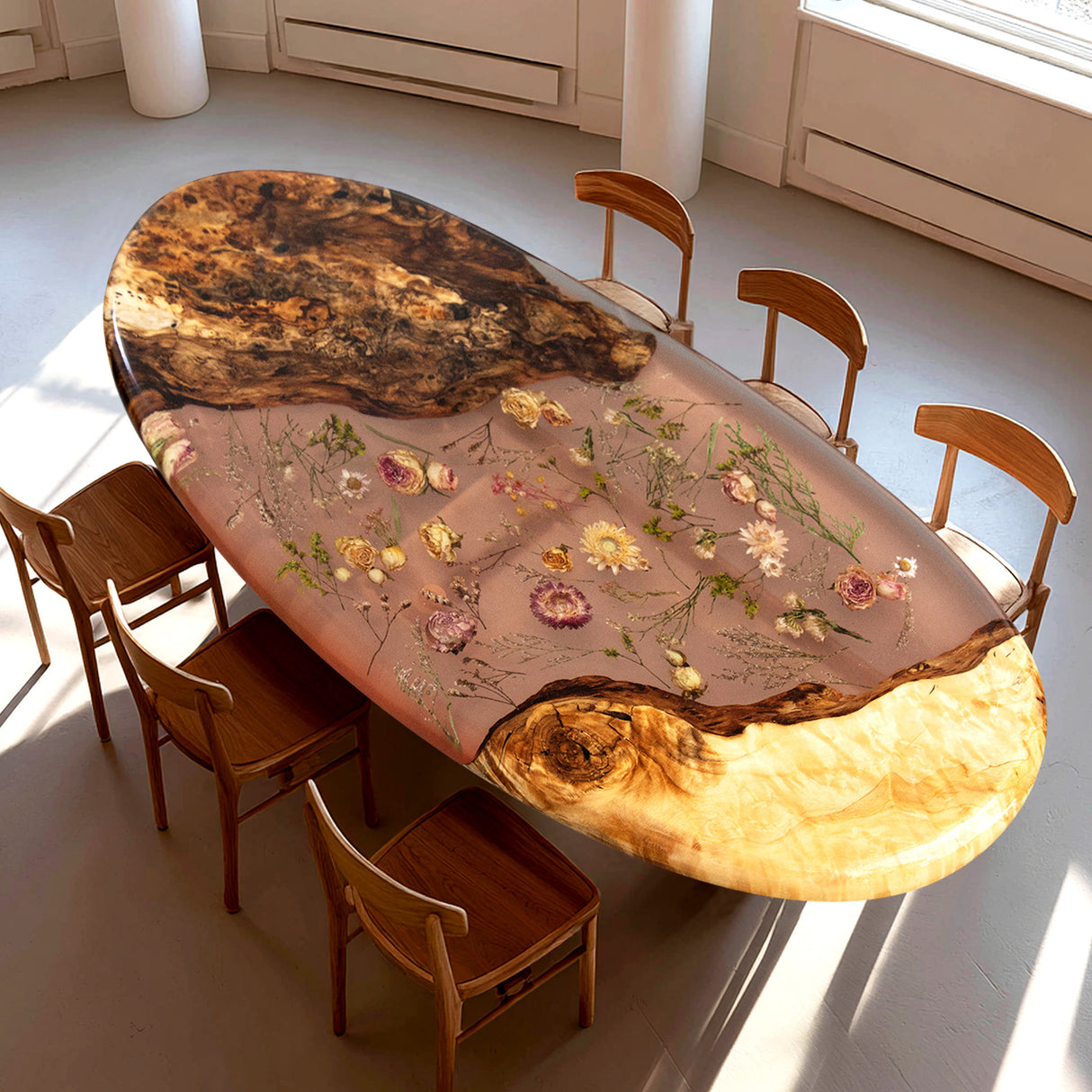 Elite DIY Poplar Oval Dining & Coffee Table with Embedded Dried Flowers ECT-217