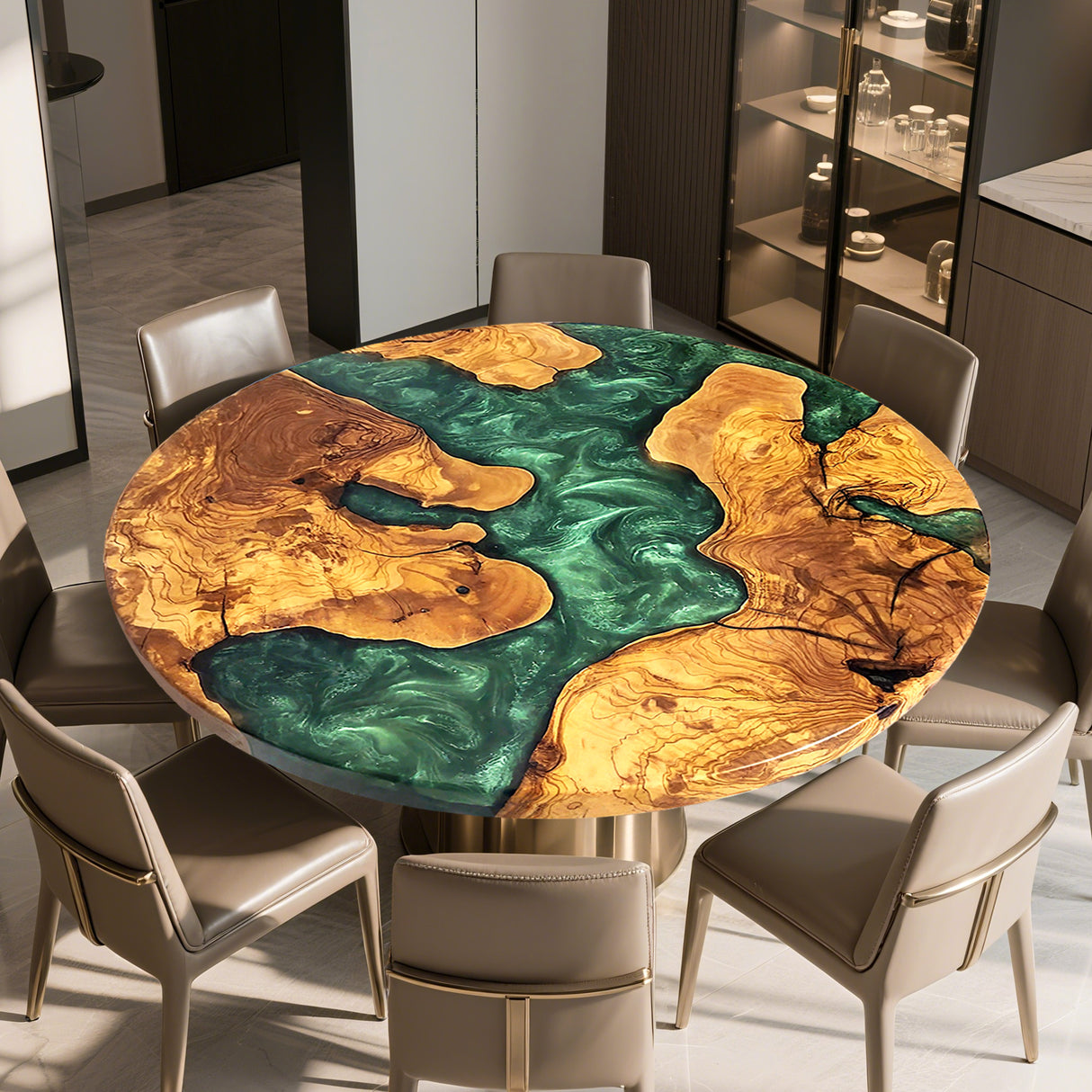 Elite Olive Wood & Emerald - Green Epoxy River Landscape Round Table ECT-44