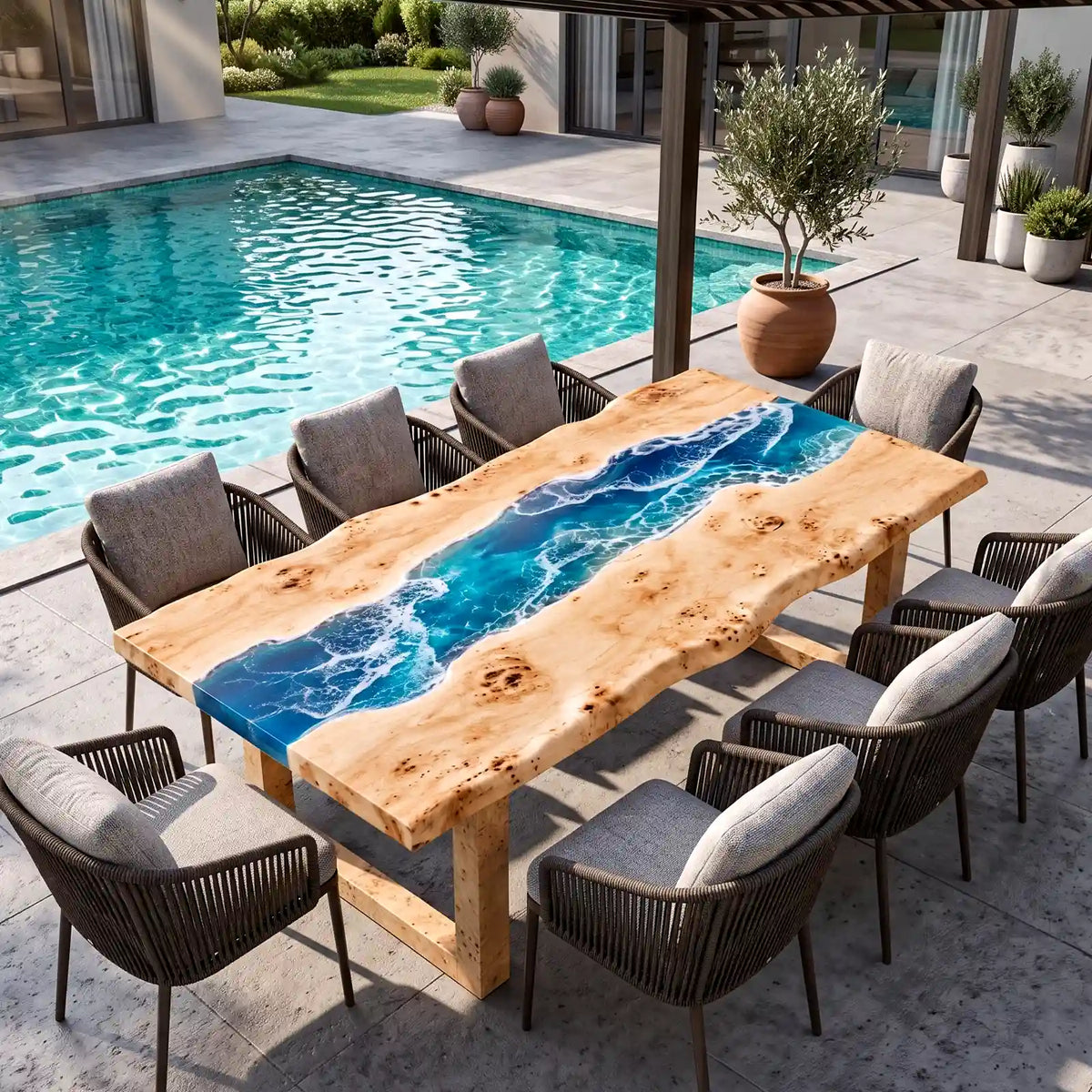 Custom Poplar Ocean Wave Epoxy Patio Dining Table | ECT-418
