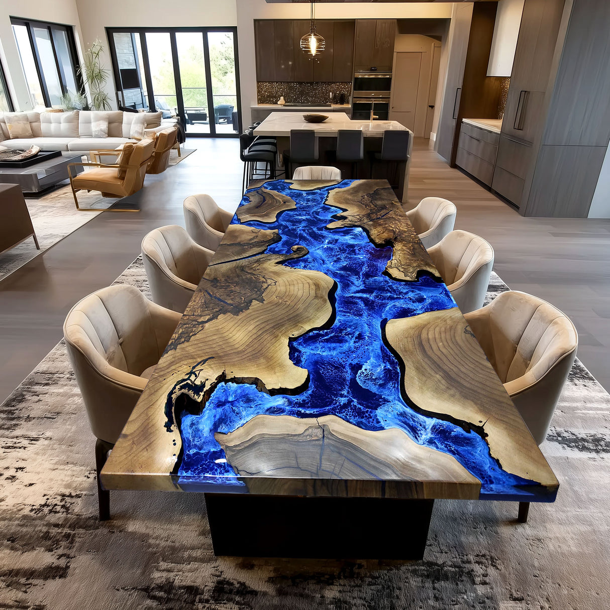 Elite  Natural Olive with Blue River Epoxy Resin Dining Table ECT-211