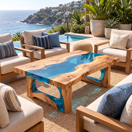 Custom Olive Blue Epoxy Resin Patio Coffee Table | ECT-417