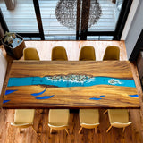 Elite Walnut Wood with Wood - Stream Stones Epoxy Resin Dining Table ECT-180