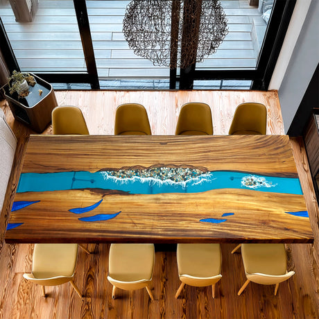 Elite Walnut Wood with Wood - Stream Stones Epoxy Resin Dining Table ECT-180