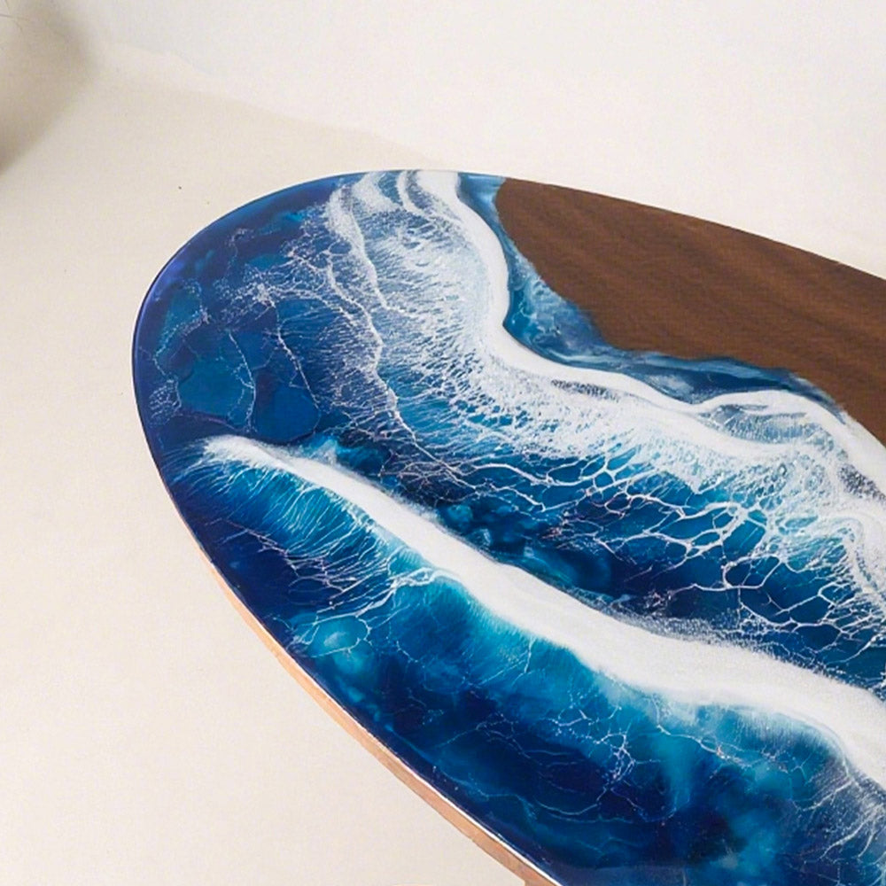 Elite Oval Black Walnut Dining Table with Ocean - Wave Blue Resin Inlay ECT-246