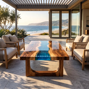 Custom Walnut Blue Epoxy Resin Patio Coffee Table | ECT-415