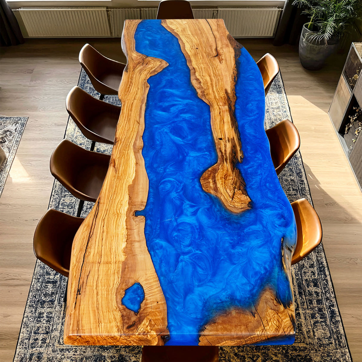 Elite Natural Olive & Flowing Ocean Blue Epoxy Resin Dining Table ECT-174