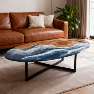 Elite Oval Olive Wood Dining Table with Vivid Ocean - Wave Resin Inlay ECT-244